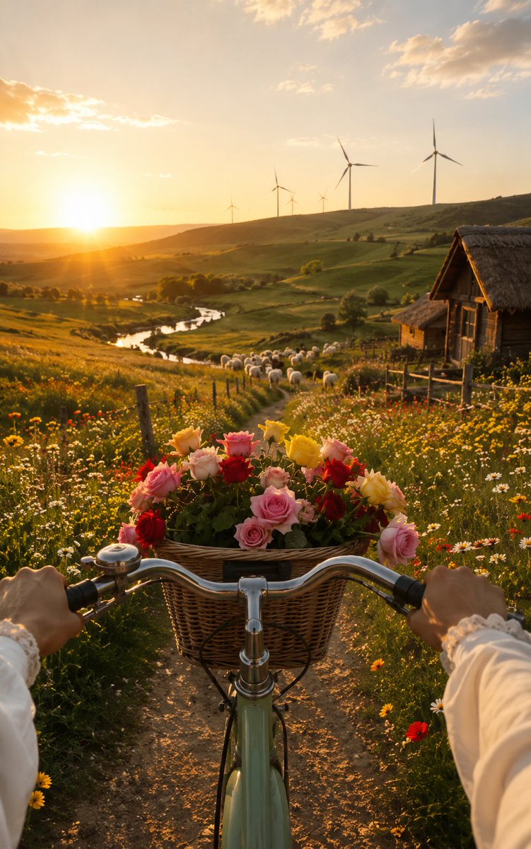 HowTBS's tweet photo. Golden hour rides through endless wildflower meadows 🌼🚲
Soft sunlight, blooming roses, grazing sheep, and the peaceful rhythm of a countryside sunset. A quiet journey where every turn feels like freedom, warmth, and serenity wrapped into one dreamy moment. ✨
#GoldenHour https://t.co/D4zady3an9