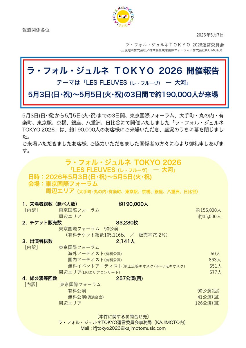 「ラ・フォル・ジュルネ TOKYO 2026」開催報告

5月3日(日･祝)から5月5日(火･祝)までの3日間、東京国際フォーラム、大手町・丸の内・有楽町、東京駅、京橋、銀座、八重洲、日比谷にて開催いたしました「ラ・フォル・ジュルネ TOKYO
