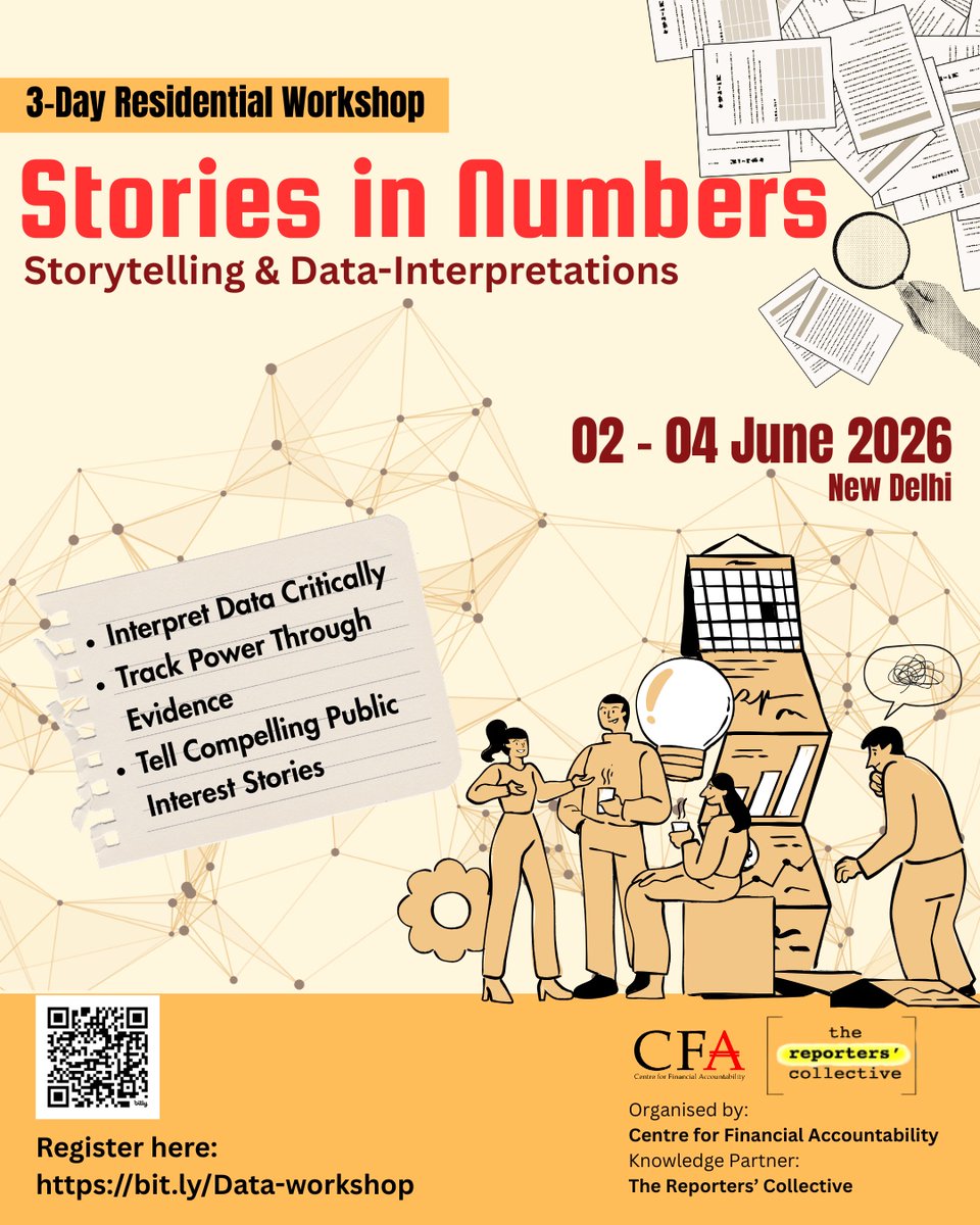 nit_set's tweet photo. Numbers tell stories, but only if you know how to read them.

This year, The Reporters' Collective @reporters_co is committing to consistently share our skills with journalists, researchers, and civil society. 

As a first step, we are partnering pro bono with the @cfa_ind on a three-day residential workshop in New Delhi.

Stories in Numbers: Storytelling and Data Interpretation A 3-day residential workshop in New Delhi | 2–4 June 2026 | 

What lies beneath the numbers? Where does the data lead? And how do you turn it into a story that demands attention?

This workshop is built for people who want to do the work, not just read about it. Practical skills, methods, hands-on sessions. No theory for theory's sake. You will learn to:

Make sense of complex data and public records
Track money across government and corporate systems
Work with budgets and open datasets
Turn raw data into clear, compelling stories of accountability

If you are a journalist, researcher, or civil-society professional whose work would benefit from a sharper grip on data, this is for you.

Limited seats. Register now.

Course details and registration →
https://t.co/s6qgjkrXUD

If it isn't a fit for you, please pass it on to someone it might help.