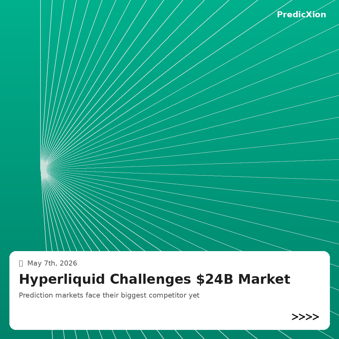 PredicXion's tweet photo. Hyperliquid just declared war on Polymarket and Kalshi.

HIP-4 launched on mainnet this week. Within hours, they claimed to surpass Polymarket's volume on their Bitcoin up-or-down market.

The $24B prediction market just got its most dangerous challenger.

Hyperliquid is the most capital-efficient DEX in crypto. Its order book model, deep liquidity, and loyal trading community are now pointed directly at prediction markets. They're not building something new — they're weaponizing what already works.

Kalshi commands 62% market share. Sports = 72% of volume. Polymarket dominates crypto-native markets. Both have regulatory moats. Hyperliquid has neither — but it has the community.

The Asian crypto community driving massive Hyperliquid volume is deeply prediction-market native. Crypto price markets, BTC up/down, macro outcomes. These are the markets that get the most action.

My read: Hyperliquid won't beat Kalshi in sports. Won't beat Polymarket in long-tail political markets. But it will dominate crypto-native prediction markets. That's a massive slice of $24B.

Who wins the crypto-native prediction market: Hyperliquid, Polymarket, or a new challenger?

#PredictionMarkets #Hyperliquid #Polymarket