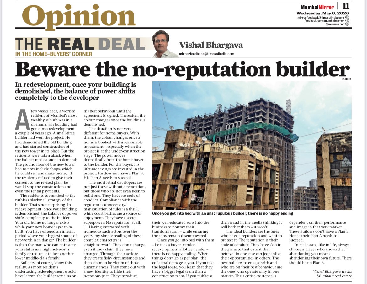 VishalBhargava5's tweet photo. Beware the no-reputation Builder. 
Branded builders have a superpower. No-Reputation builders have a bigger superpower. They don’t care about RERA/Courts/buyer. With not much to lose, they will abandon you with ruthlessness. https://t.co/M3oSufRcww