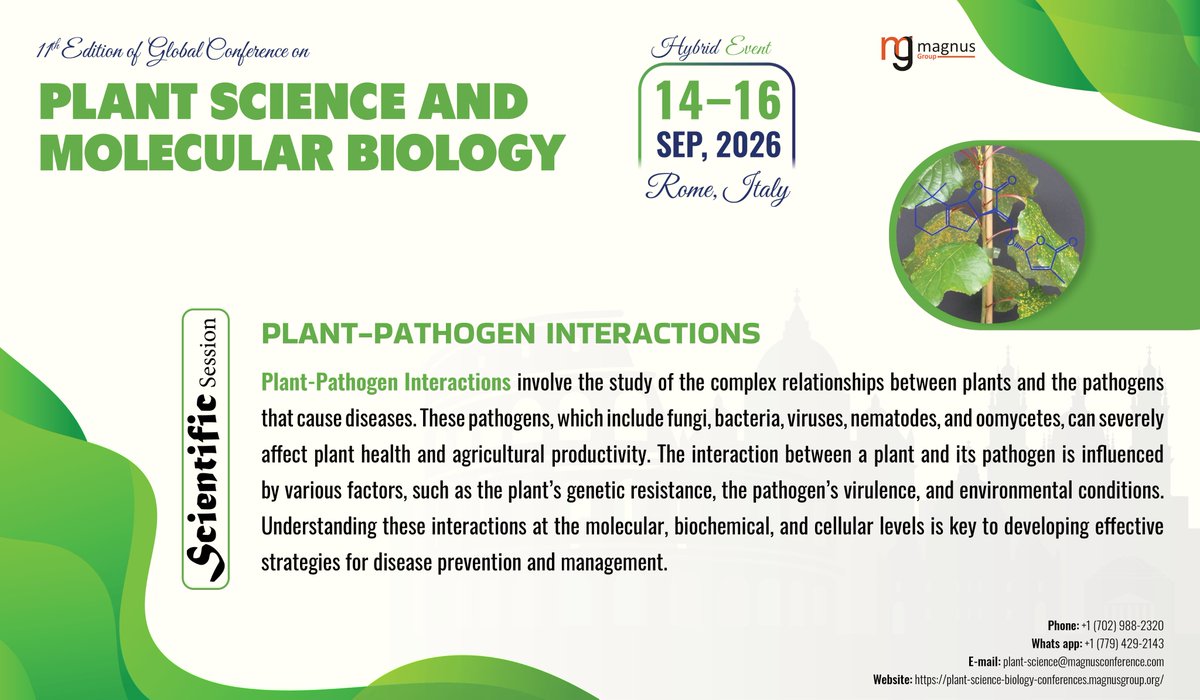 Plantconfer's tweet photo. 🌿 Join global experts at the @Plantconfer (GPMB-2026) Organized by @magnus_group ! to explore the latest advancements in Plant–Pathogen Interactions and sustainable disease management strategies.
📍 Rome, Italy | 📷 14–16 Sept 2026
📌 Submit Abstract: https://t.co/yJHcCISEiq https://t.co/6wMGoUSkPr