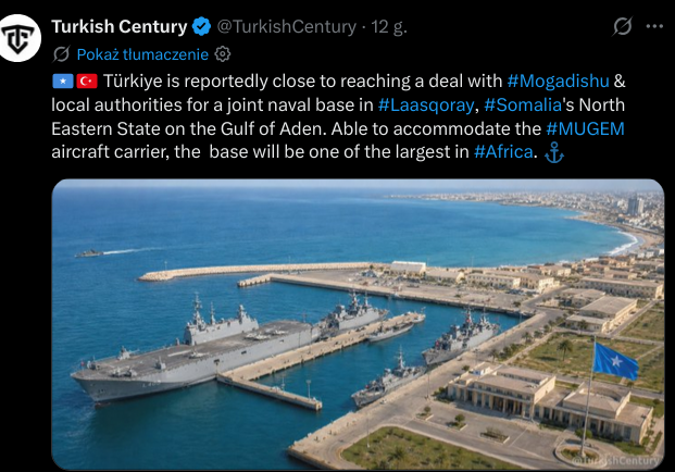 Sylwia633923403's tweet photo. 🇹🇷Turcja 🇸🇴 Somalia. https://t.co/4uNdGrIgrR
,,Turcja podobno jest bliska osiągnięcia porozumienia z #Mogadishu i lokalnymi władzami w sprawie wspólnej bazy morskiej w #Laasqoray, Północno-Wschodnim Regionie #Somalii nad Zatoką Adeńską. Baza, zdolna pomieścić lotniskowiec #MUGEM, będzie jedną z największych w #Afryce. ⚓️"