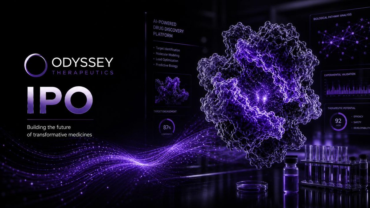 fintchone's tweet photo. 🧬 New IPO: Odyssey Therapeutics (#ODTX)

A new IPO is now available in the Fintch app.

Odyssey Therapeutics is a clinical-stage biopharmaceutical company founded in 2021 in Boston, Massachusetts. The company develops precision small molecules targeting upstream signaling pathways in the innate immune system for autoimmune and inflammatory diseases. Second IPO attempt - first withdrawn in 2025.

Bet on: first-in-class RIPK2 inhibitor (OD-001) in Phase 2a/2b for ulcerative colitis + SLC15A4 inhibitor (OD-002) for SLE/lupus + no approved competitors in either target + AI/ML discovery platform + $726.5M total raised + CEO Gary Glick's serial biotech success.

📈 Key terms
- Price range: $16-18 per share
- Market cap: ~$809.9M at top of range
- Capital raised: ~$211-238M
- Exchange: Nasdaq
- Ticker: ODTX
- Lock-up: 93 days

💰 Financials
- FY2025 revenue: $3M (pre-revenue clinical stage)
- Cash at April 2026: $175.7M
- Total raised: ~$726.5M
- Series D (Sept 2025): $213M oversubscribed

🎯 Thesis
OD-001: first-in-class RIPK2 inhibitor for UC - Phase 2 monotherapy + Phase 2b combination with Takeda's Entyvio underway. OD-002: targets SLC15A4 (TLR pathway) for SLE/lupus - no approved SLC15A4 inhibitors exist; SLE market exceeds $8B. Broader TLR7/8 inhibitor pipeline. OrbiMed anchor investor since inception.

🏛️ Co-lead bookrunners
J.P. Morgan, TD Cowen, Cantor Fitzgerald, Wedbush PacGrow, Oppenheimer

📅 Order submission deadline: May 7, 2026 (inclusive)

📲 Explore the deal in the Fintch app:
https://t.co/CqMT1GPNnI