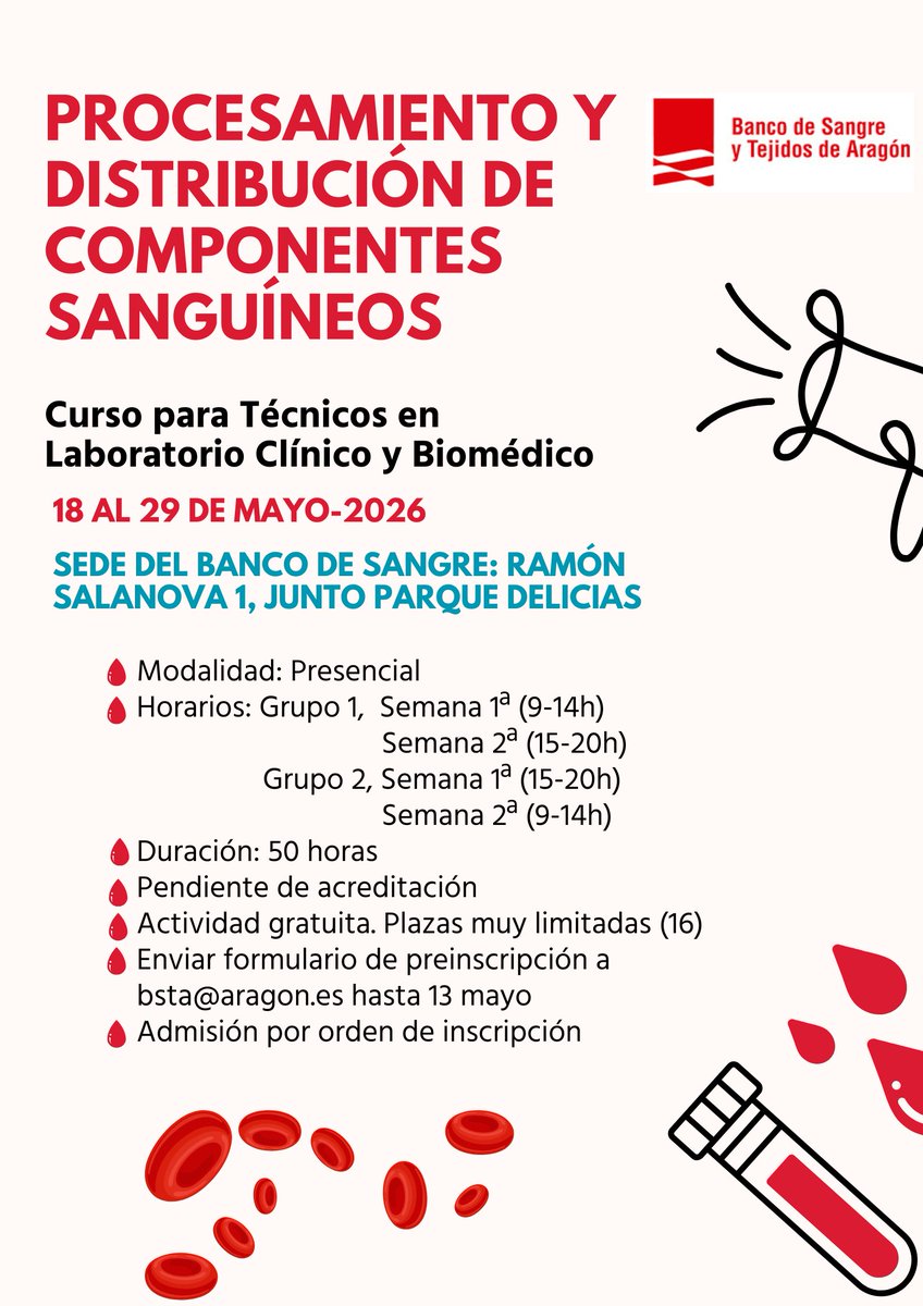 BncSangreAragon's tweet photo. 🩸🩸Curso especializado en componentes sanguineos y gratuito para Técnicos de Laboratorio. Más información y preinscripción en el enlace:
https://t.co/1EQWhUMVwB https://t.co/EBFIQyO7DS