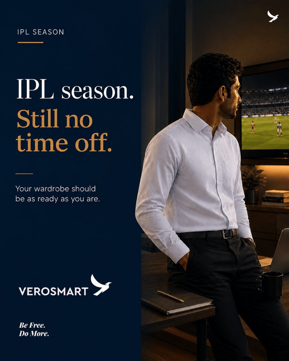 Verosmart_In's tweet photo. The match starts at 7:30.
Your day ends at 9
Somewhere in between, modern professionals are handling both pressure and passion without missing either.
Work mode. Match mode. Same energy. Same fit.
#VeroSmart #IPLSeason #IPL2026 #MensStyle #IndianCricket #SmartCasual #BeFreeDoMore https://t.co/a8SHBMKYWr