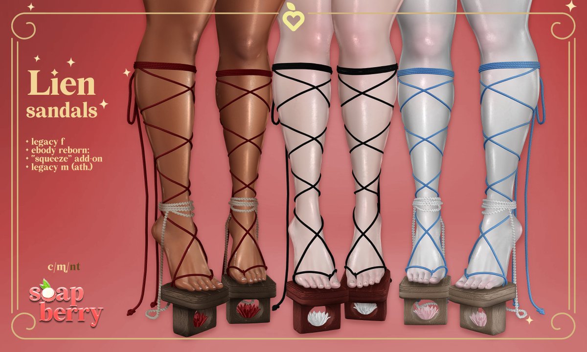 SoapberrySL's tweet photo. .SB. Lien Sandals @ Fantasy Faire 2026!

A pair of rope-wrapped wooden sandals, complete with strands of pearls and a beautiful lotus flower encased in the center. Pearls, back ties, and lotus flowers are toggleable!
These shoes fit great with the .SB. Lien Gown & .SB. Lien Hair Lanterns♥

Sizes supported:
Legacy F
eBody Reborn
eBody Reborn “Squeeze” legs add-on
Legacy M Athletic

TAXI: https://t.co/KeBwa5yrVF
