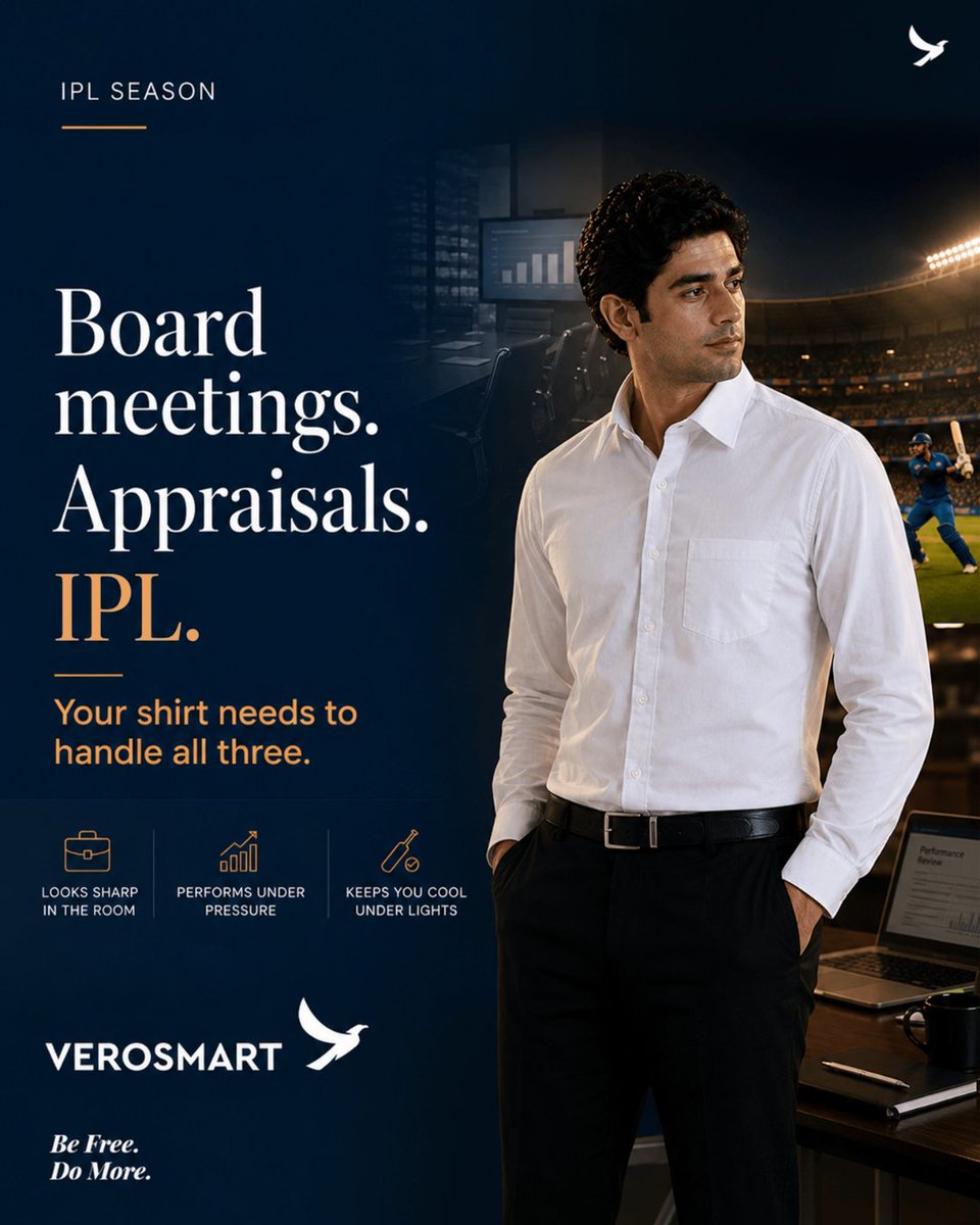 Verosmart_In's tweet photo. The match starts at 7:30.
Your day ends at 9
Somewhere in between, modern professionals are handling both pressure and passion without missing either.
Work mode. Match mode. Same energy. Same fit.
#VeroSmart #IPLSeason #IPL2026 #MensStyle #IndianCricket #SmartCasual #BeFreeDoMore https://t.co/a8SHBMKYWr