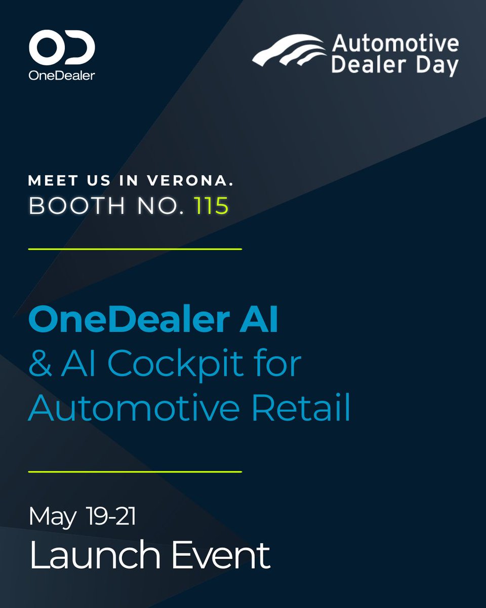 OneDealerSuite's tweet photo. @OneDealer will be officially launching OneDealer AI and the AI Cockpit for automotive retailers at Automotive Dealer Day 2026, May 19–21.
Meet us there.
🗓 ADD26 · Verona · May 19–21, 2026 🔗 https://t.co/0ihUnlQdwf 
#OneDealer #AICockpit #ADD26 #AutomotiveDealerDay https://t.co/1YtdHMYo63