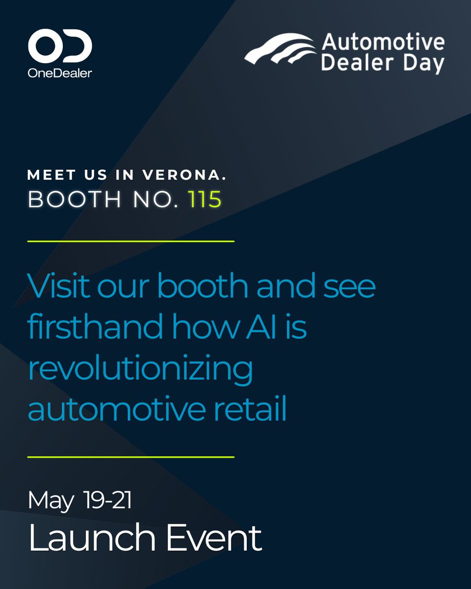 OneDealerSuite's tweet photo. @OneDealer will be officially launching OneDealer AI and the AI Cockpit for automotive retailers at Automotive Dealer Day 2026, May 19–21.
Meet us there.
🗓 ADD26 · Verona · May 19–21, 2026 🔗 https://t.co/0ihUnlQdwf 
#OneDealer #AICockpit #ADD26 #AutomotiveDealerDay https://t.co/1YtdHMYo63