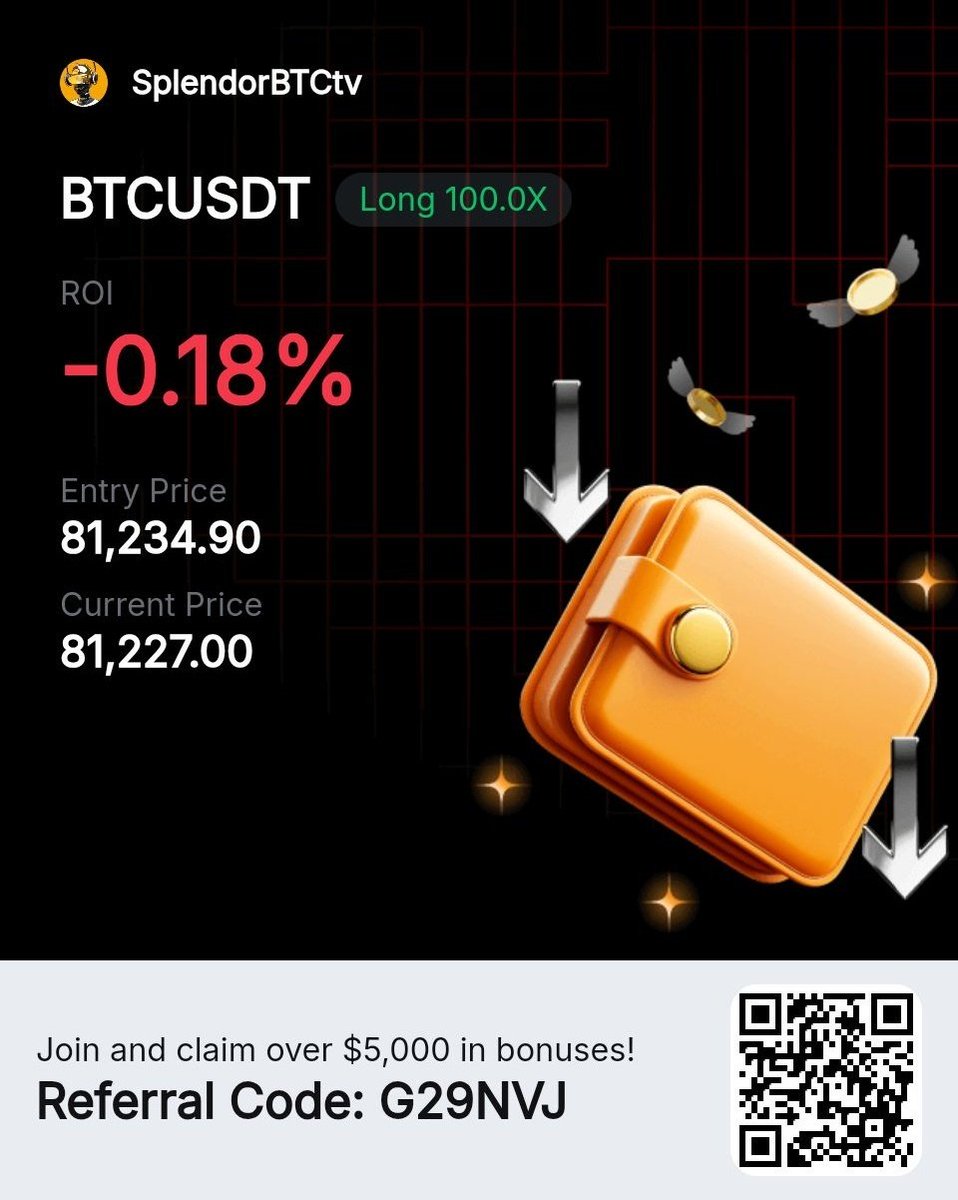 SplendorBTCtv's tweet photo. 🎖️Free Trade Signal🎖️

Trade Signal for 7th May, 2026

Amount: 50$

🟢 Long: #BTC/USDT
Leverage: 100X

Limit Entry: 81,100
Stoploss: 80,700

Note: DON'T USE MORE THAN 10-50% OF YOUR TOTAL MARGIN 🅱️ 🐳

👉Join TG for Take profit, link in Bio
#Crypto #Forex #web3 #Btcboyznation https://t.co/EKxRitIem3