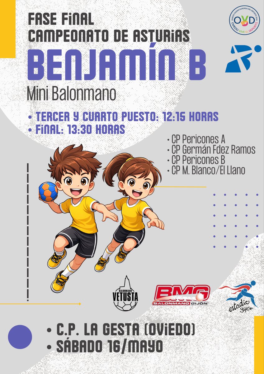 BM_Vetusta's tweet photo. El día 16 de mayo el Balonmano Vetusta organizará las finales del Cto de Asturias @FBMPA_oficial de la categoría benjamín (mini balonmano)

En el CP La Gesta (Oviedo) a las 12:15 y 13:30 horas.

¡Os esperamos! 😊 https://t.co/k2QHtb6Sgo