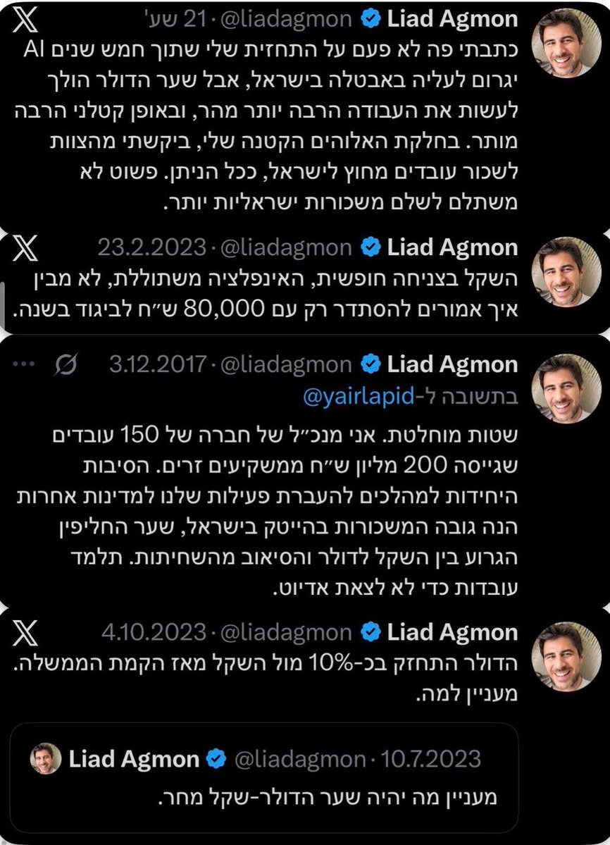 * 03.12.2017: 3.49 ש"ח
* 23.02.2023: 3.61 ש"ח
* 04.10.2023: 3.86 ש"ח
* 06.05.2026: 2.90 ש"ח
לא משנה מה יהיה שער הדולר הממשלה מבחינתו אשמה🤡
