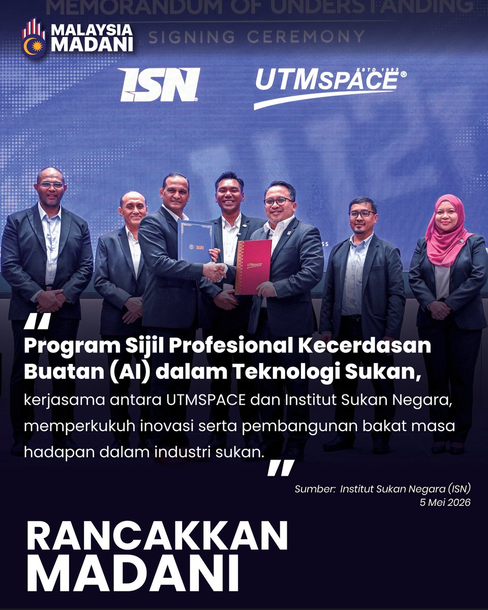 KBSMalaysia's tweet photo. Kerjasama strategik antara Institut Sukan Negara (ISN) dan UTMSPACE menerusi Program Sijil Profesional Kecerdasan Buatan (AI) dalam Teknologi Sukan bagi memperkukuh inovasi serta pembangunan bakat masa hadapan industri sukan negara. https://t.co/wXzuOCjfN9