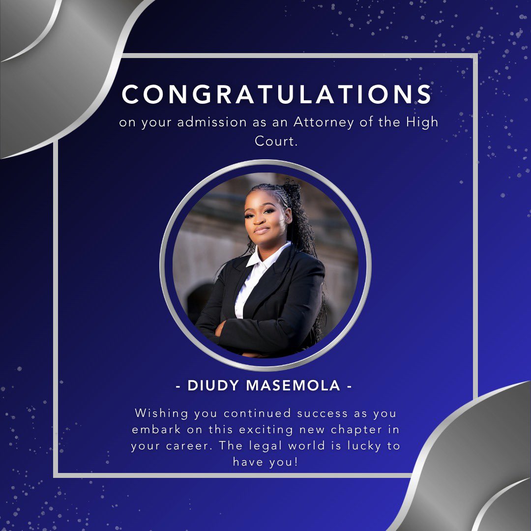 LGR_Inc's tweet photo. “Success is to be measured not so much by the position that one has reached in life, as by the obstacles which he has overcome.” – Booker T. Washington

Congratulations to Diudy Masemola on your admission as an Attorney of the High Court ⚖️
#AttorneyAdmission #LegalExcellence https://t.co/9Z5SDuQ3we