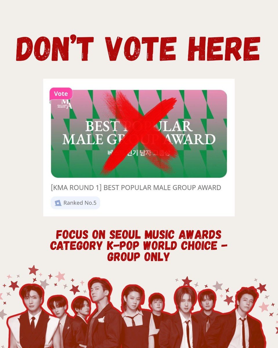 ‼️FRIENDLY REMINDER TO NOT WASTE YOUR RUBY ON KMA CHARTS AWARDS ‼️

Please prioritize your ruby chamsims to SEOUL MUSIC AWARDS K-POP WORLD CHOICE - GROUP CATEGORY since SMA is one of the major trophy in South Korea and we have working hard to defend Super Junior on the trophy