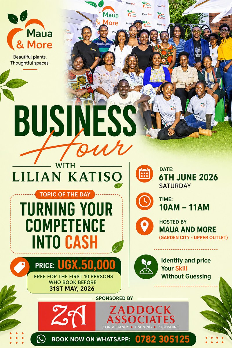 MauaAndMore's tweet photo. Join us on 6th June for a practical Business Hour session with @LilianKatiso
Learn how to:
✔️ Identify your skills 
✔️ Insights to avoid underpricing
✔️ Build systems for growth

⏰ 10AM–11AM
💰 UGX 50,000
https://t.co/Eea9aXUFOe…
WhatsApp 0782 305125
Sponsored by @ZaddockAssoc https://t.co/7EwO8P9wAW