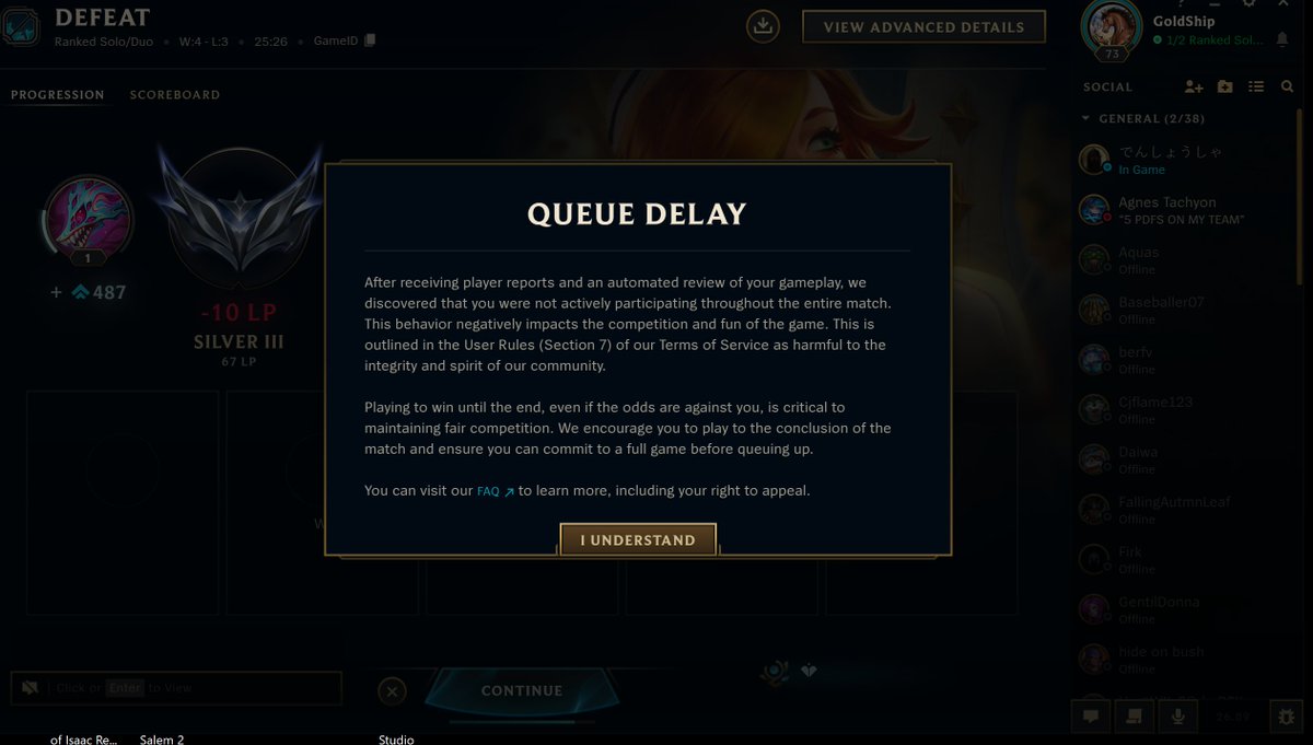 dotsneppi's tweet photo. came back to league to an unrightful punishment within 3 games (wifi completely dced while stomping lane but came back down 3 levels and 30 cs behind, played the rest out) and im probably going to uninstall but at least this screenshot is hilarious given the context https://t.co/AK3BLTciMk