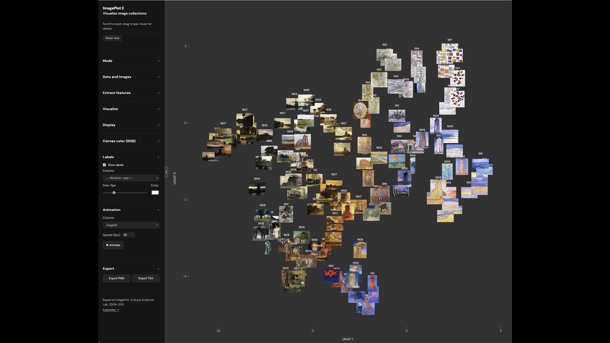 manovich's tweet photo. Excited to release ImagePlot 2.2 🎉 — a browser-based tool for visualizing image collections. Contained in a single HTML file New: Compare mode, UMA,  Cluster visualization, 77 image features #digitalhumanities #culturalanalytics #datavisualization
🔗 https://t.co/uWMlCqFjOf https://t.co/GFq7FYlRaw