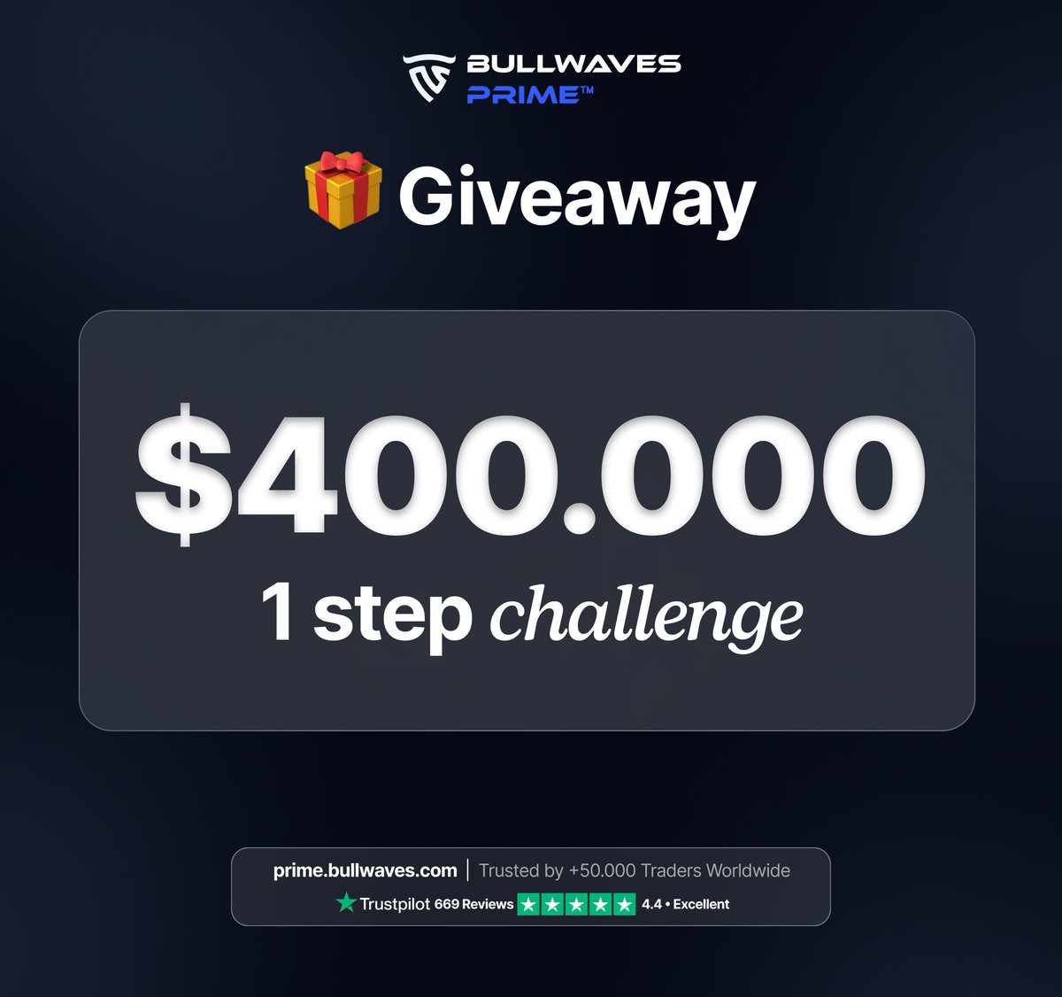 🚨 $400,000 GIVEAWAY

1 Step Challenge. One winner.
This is the biggest giveaway we've ever hosted.

To enter:
✅ Follow <a href="/BullwavesPrime/">Bullwaves Prime</a> &amp; <a href="/natewolfiey/">Nate Wolfie</a>
🔁 Retweet this post
🏷 Tag 3 traders who need this.

The winner will be announced on May 31, 2026.

prime.bullwaves.com 🐂