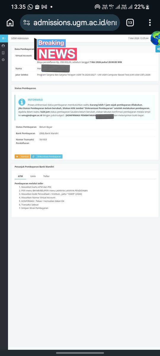 Aidarree's tweet photo. ugm. Ini dibayar gapapa kah?? barusan banget dapet notif dari email ugm, terus langsung cek website ternyata bisa dibayar https://t.co/nBgw5hJHfi