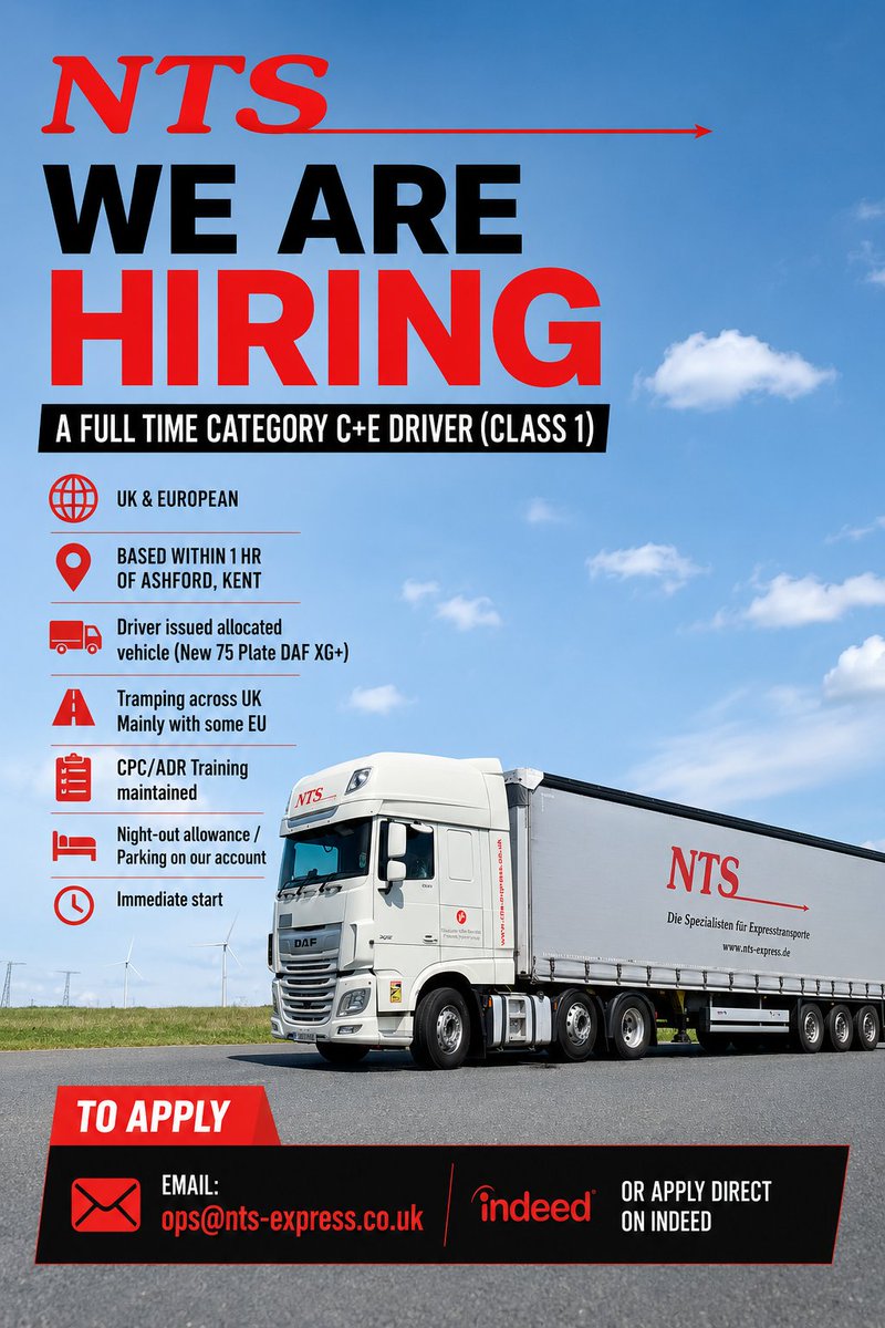NTSExpress's tweet photo. 🚛 Join our team in Ashford, Kent as a full-time Category C+E driver! Ready to hit the road with us? Apply now and drive your career forward! 🌟 https://t.co/RfrHsspVP9