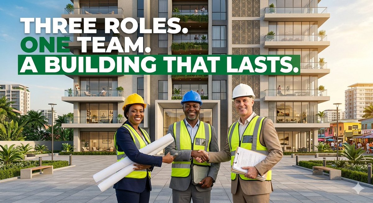 Op4real1's tweet photo. THE BOTTOM LINE:
Architect = How it looks.
Engineer = How it stands.
QS = How much it costs.
You need all three.
Not "maybe." Not "next time." Not "my uncle's friend knows."
All three.
#Architect #StructuralEngineer #QuantitySurveyor #BuildingTeam #NaijaConstruction https://t.co/AET8c8Qhwj