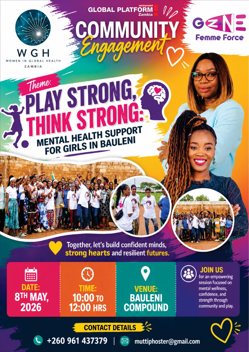 FedoraIvans's tweet photo. Empowering girls in sports through mental health awareness, safe spaces, and confidence building ⚽🧠✨

📍Bauleni Community
📅 8th May 2026 | ⏰ 10:00hrs

Girl Zone Empowerment Foundation Women in Global Health 

#EmpowerGirls #GirlsInSports #MentalHealthMatters #Bauleni #Zambia https://t.co/98JFAOM1vQ