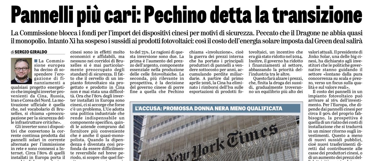 durezzadelviver's tweet photo. Sale il prezzo dei pannelli solari cinesi (90% del mercato) e con esso il celebrato LCOE del fotovoltaico. 
La Cina ha conquistato il mercato con i prezzi bassi, a parità di qualità, ed ora passa all’incasso. Intanto i timori per la sicurezza consigliano alla Ue di definanziare gli inverter cinesi.
Oggi su @LaVeritaWeb.