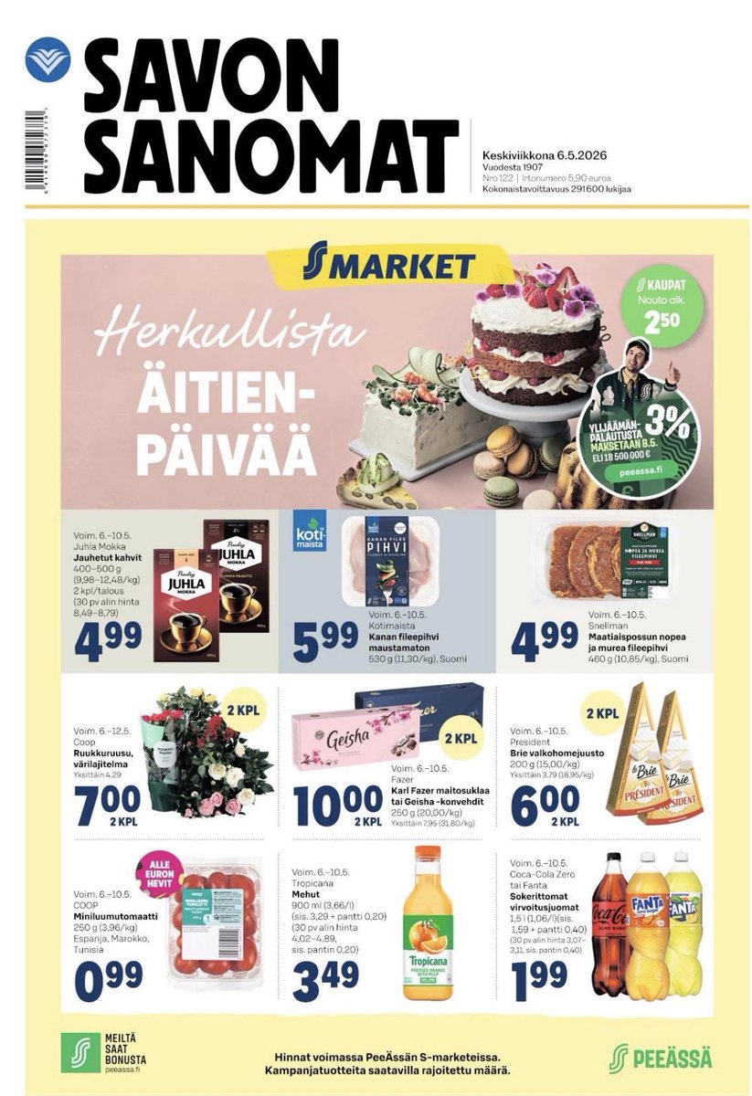 PeeassaS's tweet photo. Miltä teidän viikonloppu maistuu? Miten teillä juhlistetaan äitiä, mummia, mammaa? Kaikki tarvittava edullisesti omasta S-marketista💚
#smarket
#peeässä
#parhaanelämänedelläkävijäsavossa https://t.co/TO8xKlIJLl