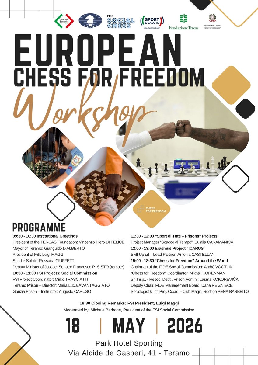 FIDESocialChess's tweet photo. ♟️🌍 European Chess for Freedom Workshop in Teramo!
📅 18 May 2026
📍 Park Hotel Sporting
A day dedicated to chess, social impact, inclusion, and international cooperation. ✨🤝
#Socialchess #chessforfreedom @FIDE_chess https://t.co/CUiuLjVNS5