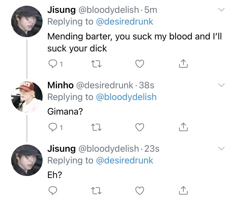 — willing participant
a minsung one tweet au.

dimana vampires lives amongst us dan mereka punya suppliers darah sendiri premium (ada jasanya lah) yang ribet ngaturnya. mh lagi mau ganti jasa and it takes time jadi iseng cari feeder yang mau bantu sambil dia ngurus itu. js maju.