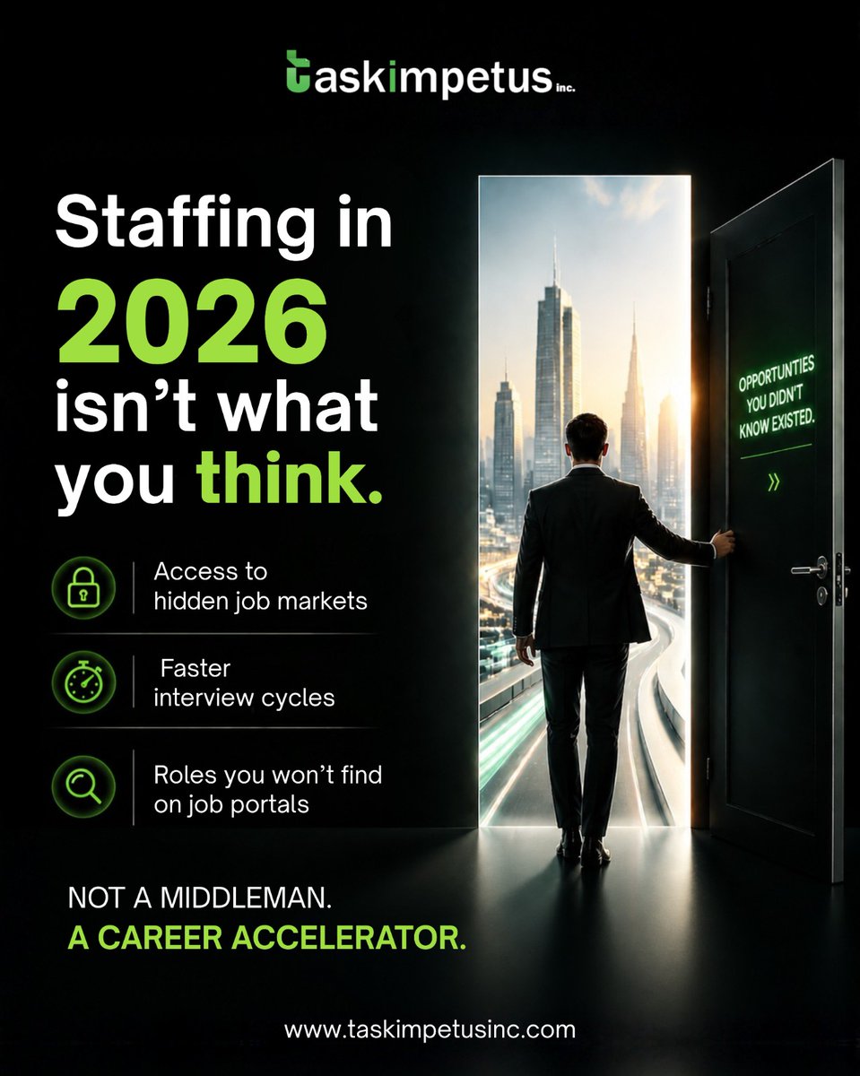 taskimpetus's tweet photo. In 2026, the best opportunities aren’t always on job portals. 🚪✨

The right staffing partner doesn’t just fill roles — they open doors to careers that move faster and grow bigger.

#TaskImpetus #Staffing2026 #CareerGrowth #FutureOfHiring #JobOpportunities https://t.co/yJHkzuAPv0