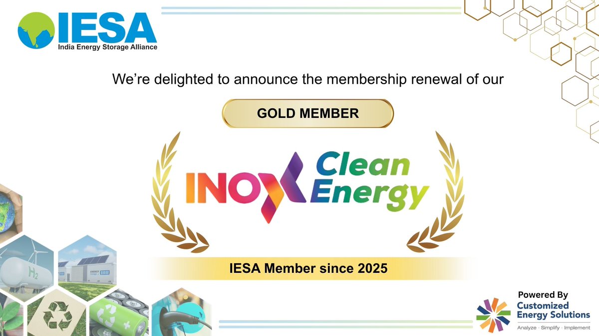 IndiaESA's tweet photo. Continuing our partnership with @InoxCleanEnergy  as an IESA Gold Member.

Advancing renewable energy solutions for a sustainable &amp; low-carbon future.

Thank you, Bharat Saxena, Ayush Maurya &amp; Santosh Kairnar.

#IESA #GoldMember #InoxCleanEnergy #CleanEnergy #EnergyTransition https://t.co/QN7cAS1Ig8