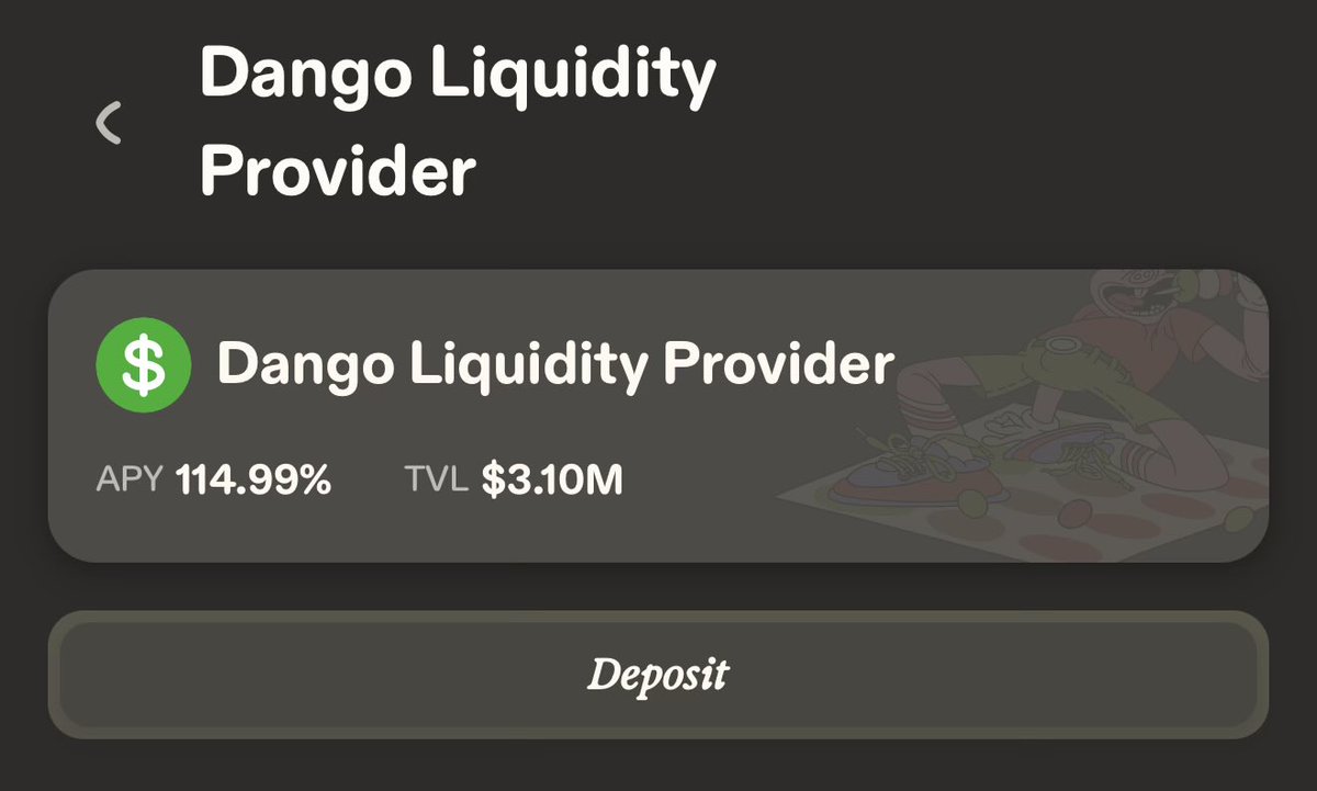 dango's tweet photo. DLP APY is now visible on the site.

Currently sitting at 114.99% with over $3.1M TVL in only 3 weeks after launch 👀 https://t.co/L7IxEwQT81