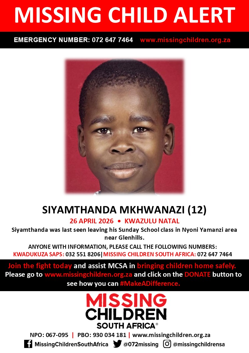 #MCSAMissing 

Siyamthanda Mkhwanazi (12) was last seen 26 April 2026.

If you personally, or your company | or your place of work, would like to make a donation to #MCSA, please click here to donate: missingchildren.org.za/page/donate- Thank you
