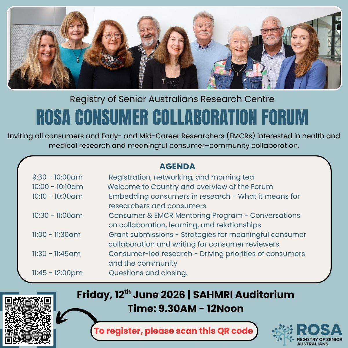 ROSA_Project's tweet photo. 📢 You’re invited to join the Partners in Research: ROSA Consumer Collaboration Forum!

🗓️ 12 June 2026 | ⌚ 9:30AM–12PM
📍 SAHMRI Auditorium
🔗 To register: https://t.co/KbapNanKpN https://t.co/xqlF8KegUT