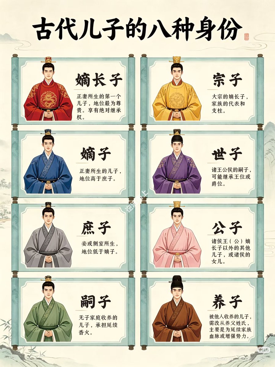 👨古代の息子の8つの身分👨

🔴嫡長子（ちゃくちょうし）：正妻が産んだ最初の息子で、最も尊い地位を持つ。嫡長子相続制は古代の継承制度の中心であり、嫡長子は絶対的な相続権を持っていた。

🔵嫡子（ちゃくし）：正妻が産んだ息子で、庶子より高い地位にある。