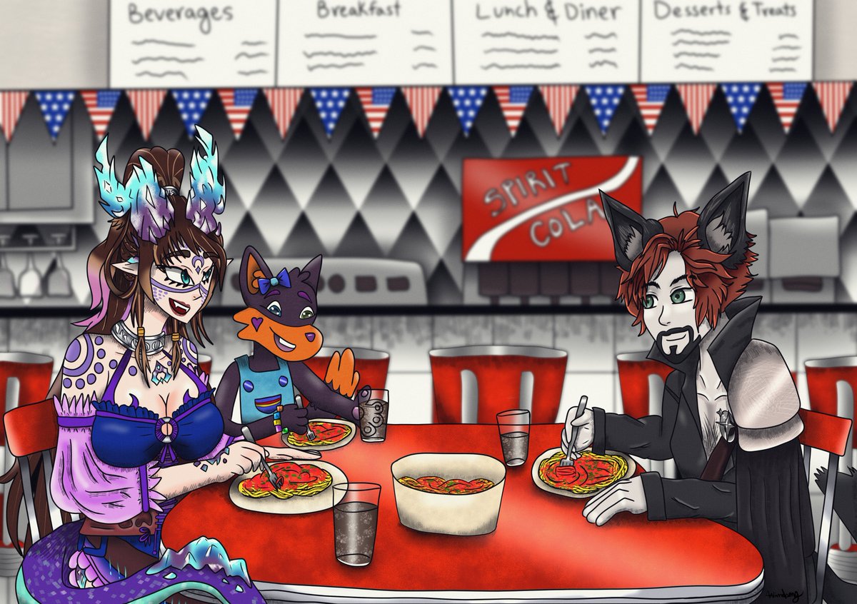 Commission for my viewer Fawn of fellow streamer <a href="/Nilcake/">Nil ☽◯☾ Crystal Dragon 🔮 Witch</a> , Jaffa (Fawn's OC), and Papacake
#art #dragongirl #dinner