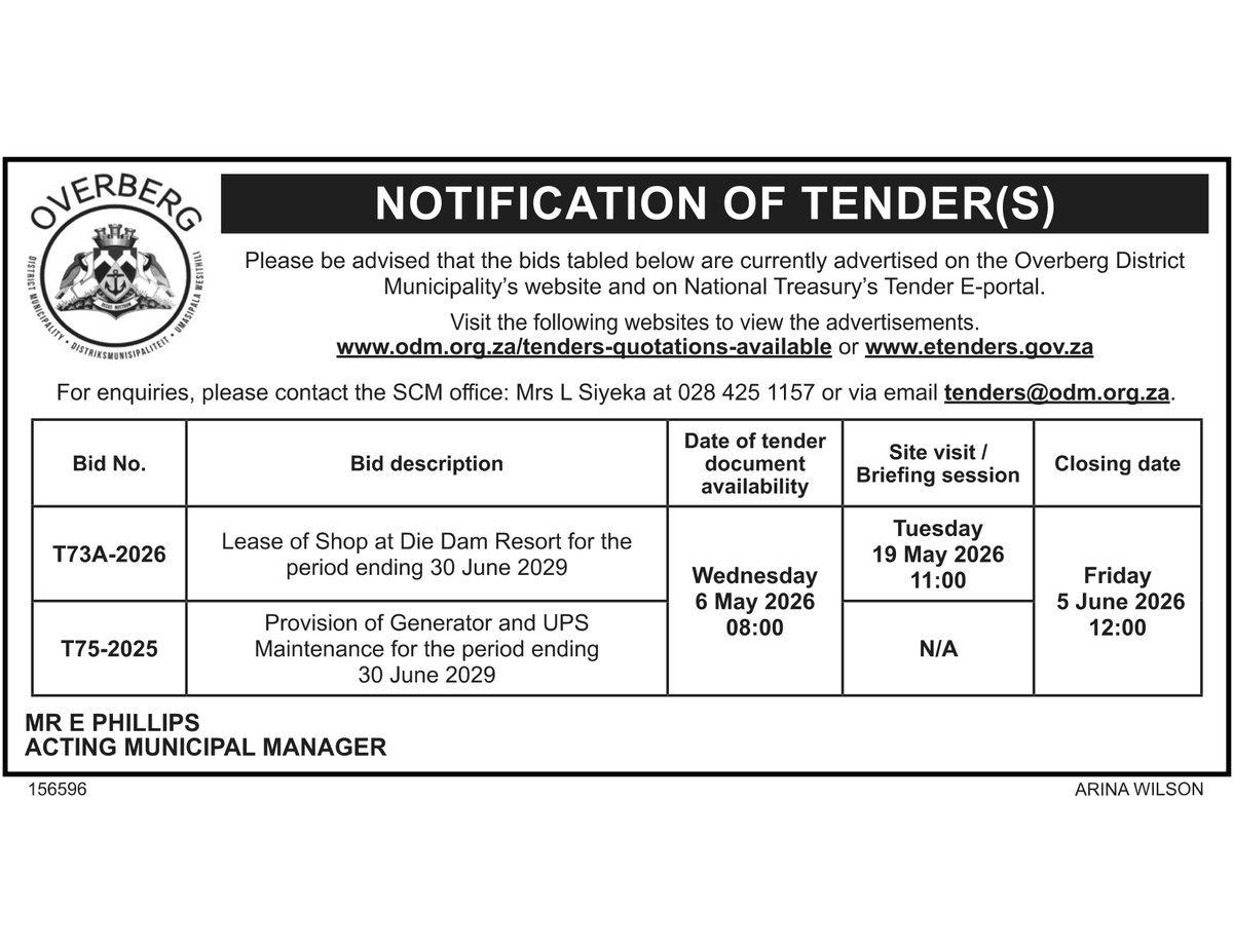 OverbergDM's tweet photo. 📥 NOTIFICATION OF TENDER(S)_06.05.2026

The Overberg District Municipality is currently advertising procurement opportunities.
View full details and bid documents at:
https://t.co/LZE0w72MWg
https://t.co/fDBO0bB8W7

⛔️ Closing date: 29 May 2026 at 12:00. https://t.co/IFKh9tiR54