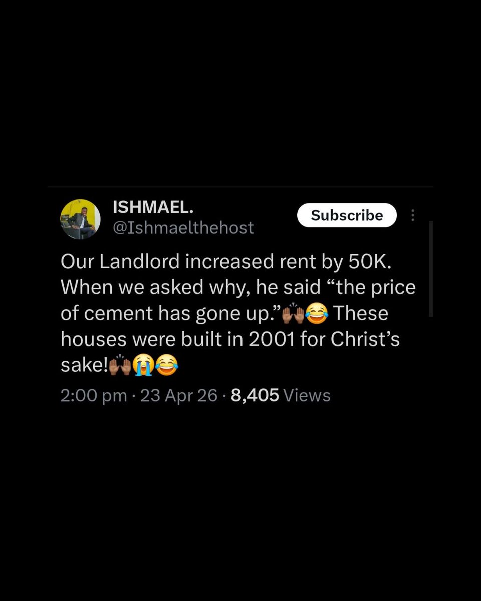Ulo_Spaces's tweet photo. Since January, rent increases in Lagos have been coming with explanations that sound straight out of a comedy skit; Cement is expensive now.…for a building constructed before some tenants were even born. 

“The area is now developing.”
“The environment is more open.”
“You people are now living comfortably.”

At this point, renters are scared to even look happy around landlords again 😭

While we understand that maintenance and market changes affect pricing, some reasons honestly leave tenants confused.

These tweets are funny, but they also reflect the growing frustration many renters are experiencing in Lagos right now.

Can you relate with any of these? 👇🏽

#LagosRent
#RentIncrease
#LagosLandlords
#TenantProblems
#UloSpaces