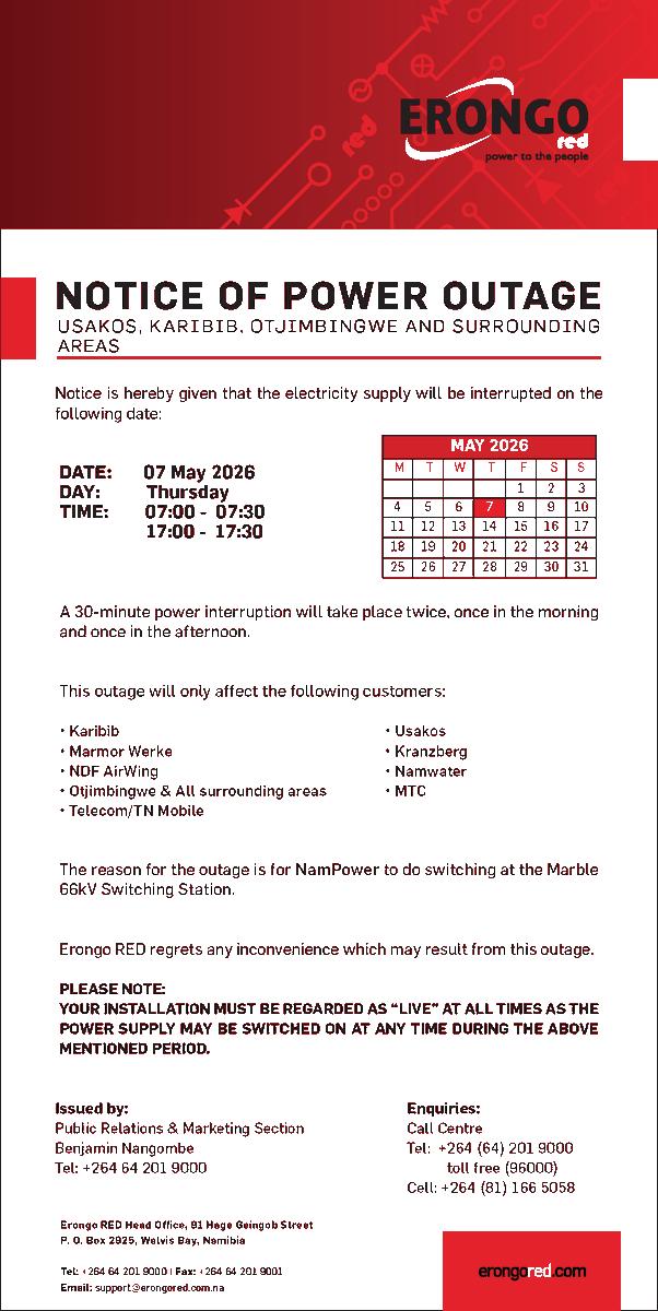 Erongo_RED's tweet photo. NOTICE OF POWER OUTAGE USAKOS, KARIBIB, OTJIMBINGWE AND SURROUNDING AREAS https://t.co/DuLqRpK8nQ