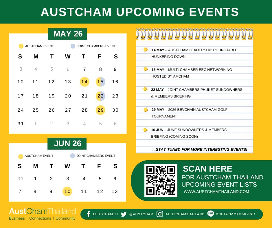AustCham's tweet photo. Check out AustCham Thailand's Upcoming Events in May 2026 📅 Stay tuned for updates on our future events here: https://t.co/LjV7yqJo1p   #AustChamUpcomingEvents #AustChambusiness #AustChamConnections #AustChamCommunity https://t.co/tX3rESzo7e