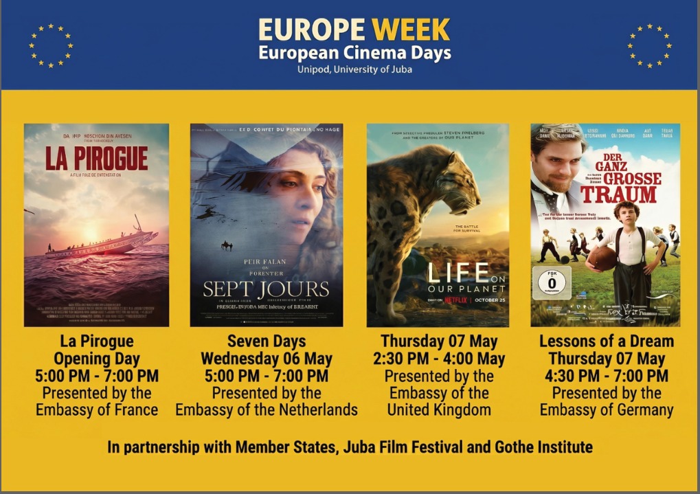 EUinSouthSudan's tweet photo. Following screenings of #LaPirogue & #7Days, we conclude the #EuropeanCinemaDays today with Life on Our Planet & Lessons of a Dream from 2:30pm to 7pm @unipodssd. Your attendance makes the film-watching atmosphere more enjoyable.
#Freeentry
#Popcorns & #softdrinks provided. https://t.co/LAB1OTaW6m