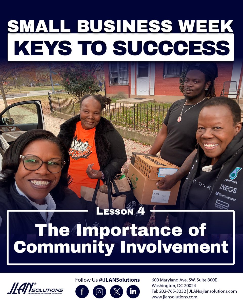 JLANSolutions's tweet photo. Lesson 4: Strong business grow from strong communities. JLAN believes in showing up, giving back, and building networks that uplift each other. It goes beyond internal excellence.
#SmallBusinessWeek #KeysToSuccess https://t.co/V9Lg5VrfBc