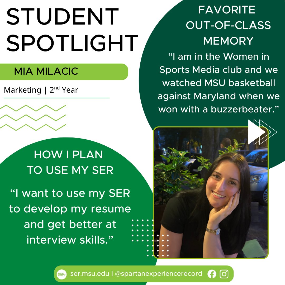 ser_msu's tweet photo. Meet Mia, who plans to use the Spartan Experience Record to further professional goals, like becoming a stronger interviewee. Discover how the SER can help you meet your goals and document your experiences at MSU by visiting https://t.co/GcjNndhIaA! https://t.co/PyaGj7wd4X