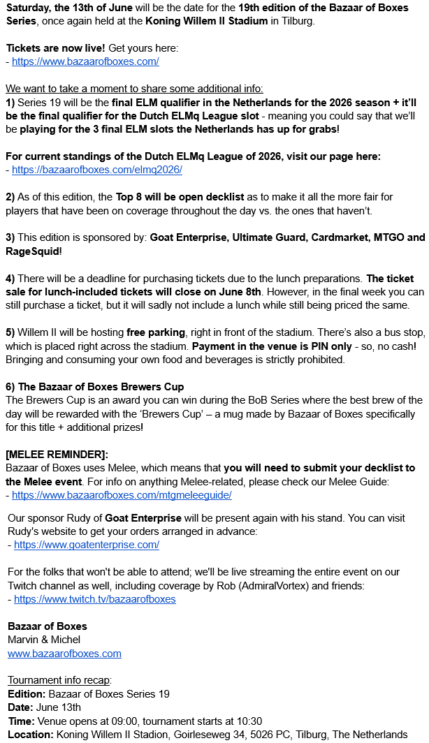 BazaarOfBoxes's tweet photo. @EULegacyMasters @UltimateGuard @CardmarketMagic @MTGO @RageSquid This edition is sponsored by: Goat Enterprise, @UltimateGuard, @CardmarketMagic, @MTGO and @RageSquid! https://t.co/gtslZ3FnNH