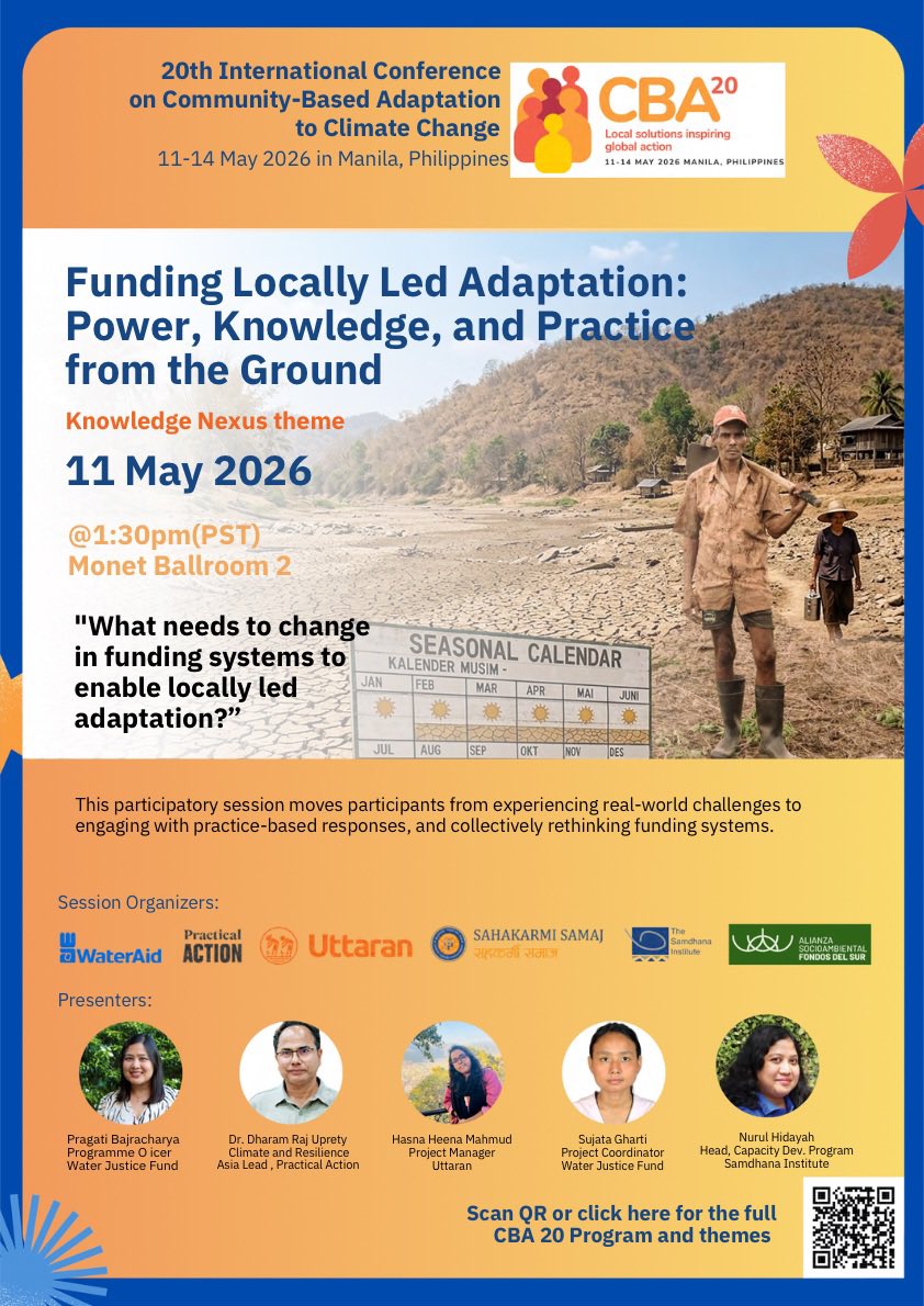 samdhana_inst's tweet photo. "What needs to change in funding systems to enable locally led adaptation?" 

This is the fundamental question that will be answered in the session on “Funding Locally Led Adaptation: Power, Knowledge and Practice from the Ground”.

This session under the Knowledge Nexus theme of the CBA 20 is happening on May 11, 2026 at 1:30PM (PST).

Click the link below for more details 👇🏻

https://t.co/eA7HF6i4FV

#CBA20