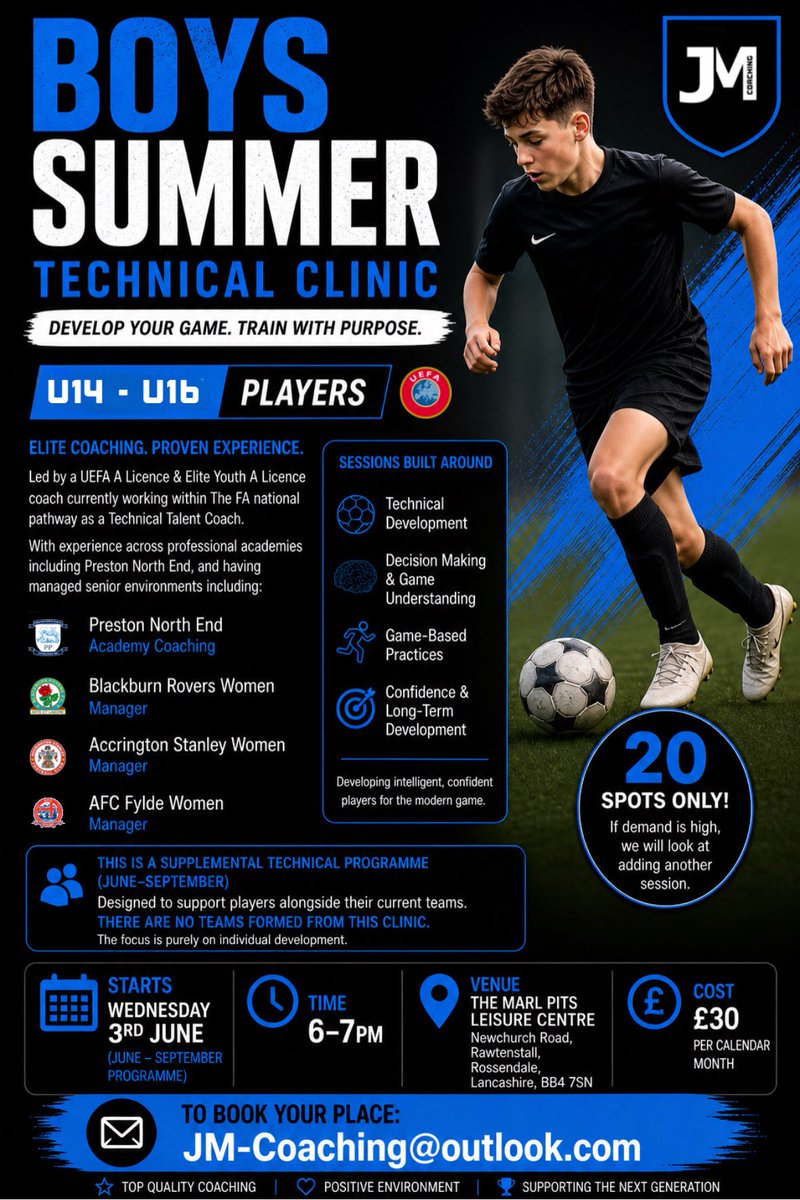 JM_Coaching_'s tweet photo. Boys Summer Technical Clinic ⚽️
For U14–U16 players developing this summer.
Led by a UEFA A &amp; Elite Youth A coach working within the talent pathway.
📍 Marl Pits, Rawtenstall 📅 Wednesdays June–September ⏰ 6–7pm 💷 £30 monthly ⚡ Limited spaces
📩 JM-Coaching@outlook.com https://t.co/o70ea4MKfy