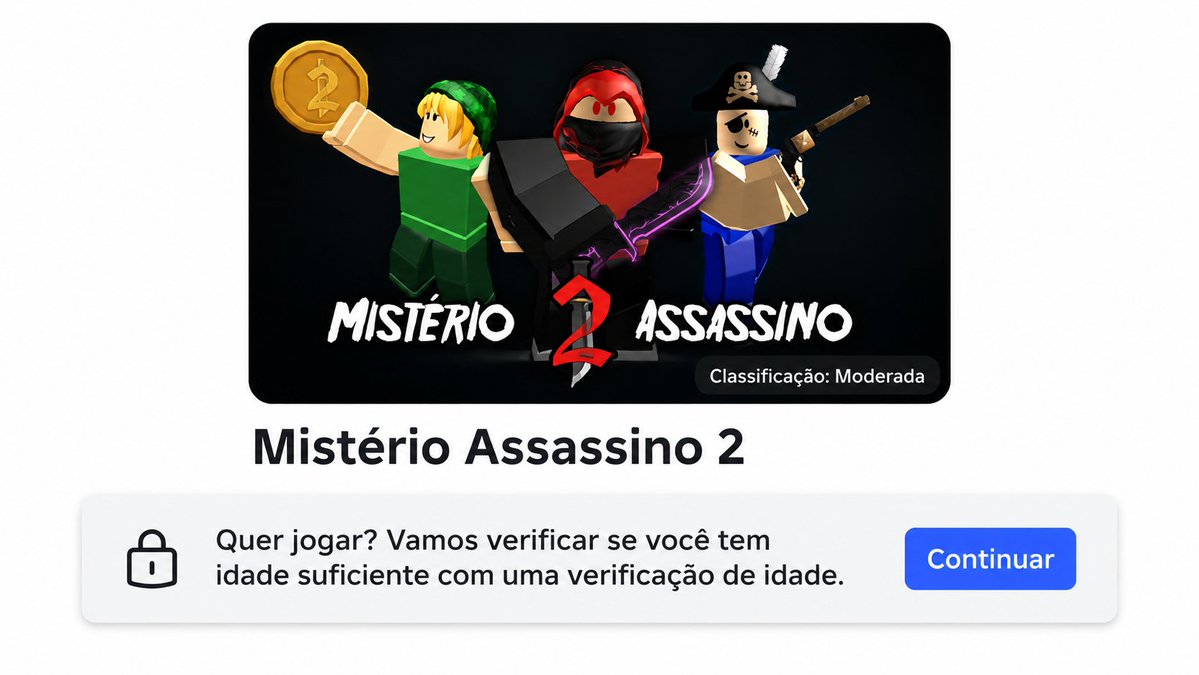 🚨 O Roblox começou a exigir verificação de idade para acessar jogos com classificação de maturidade moderada ou superior. A medida está sendo liberada de forma gradual e já aparece em experiências como Murder Mystery 2, onde o usuário precisa confirmar a idade antes de entrar. A
